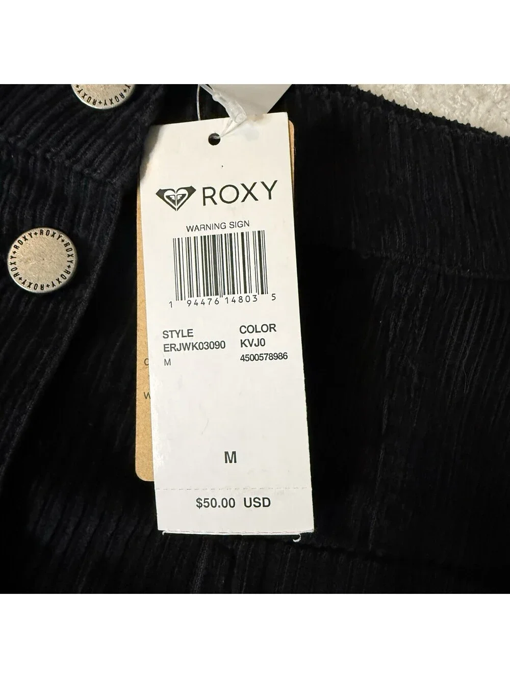 Roxy Warning Sign Skirt Womens M Black Corduroy Button Front NWT $50